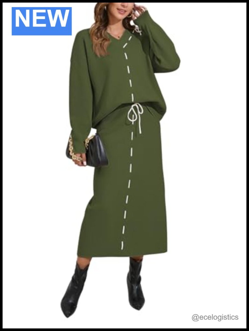 Women's 2 Piece Rib Knit Sweater Set V Neck Long Sleeve Maxi Skirt Outfit